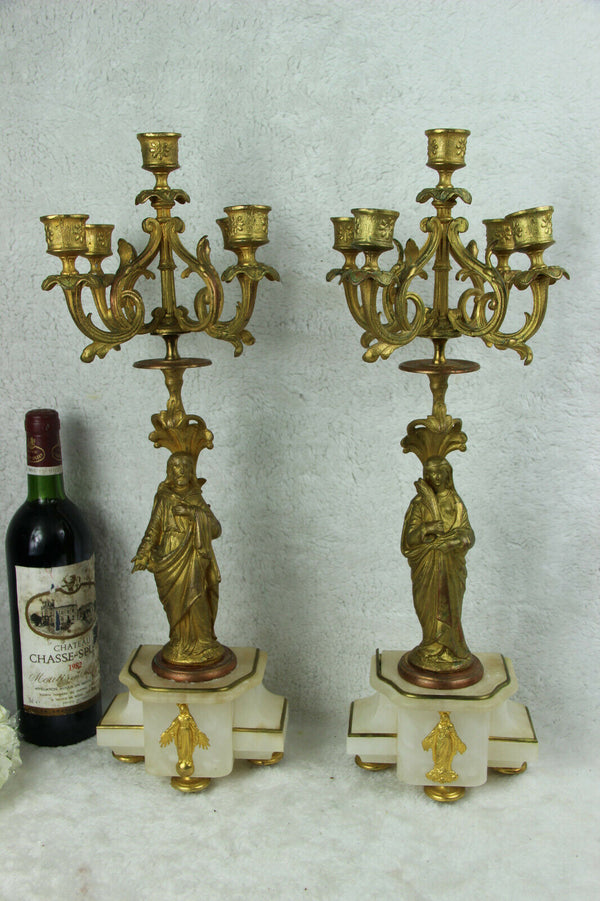 Antique French PAIR spelter madonna joseph Candelabras onyx marble saint