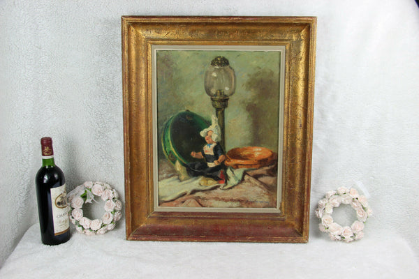 Flemish school oil canvas painting Signed artist play doll still life vintage