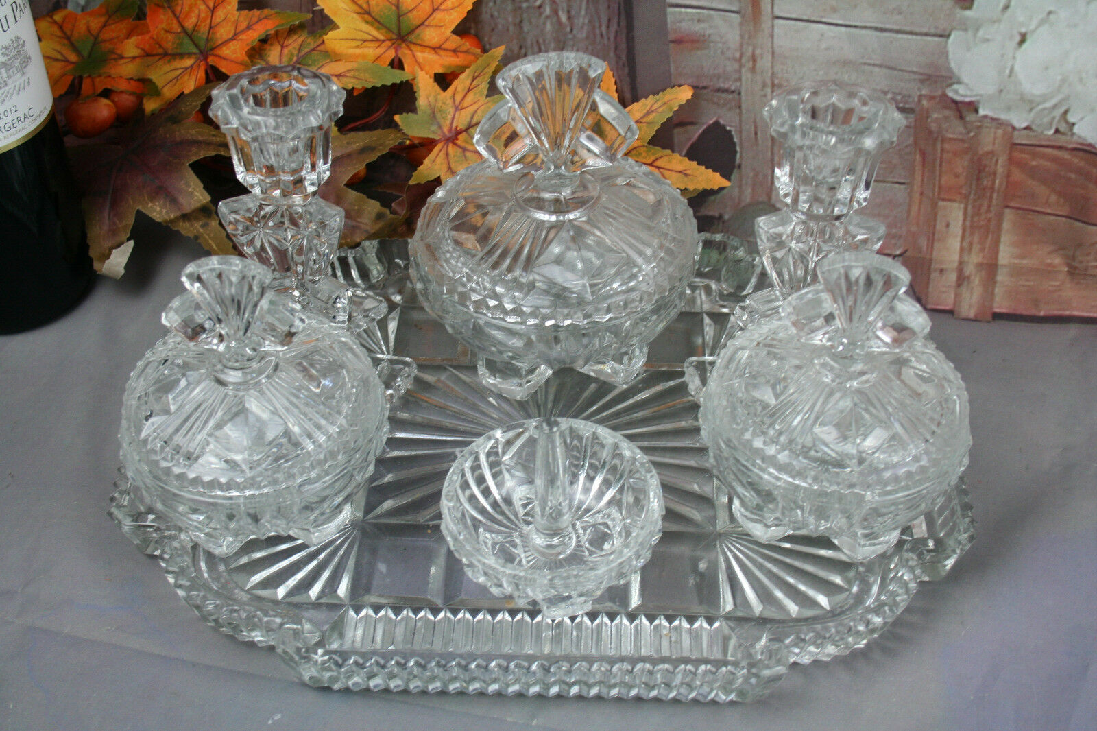 vintage glass dressing table set Art Deco 1930s Set, Green with Uranium Glow *RARE FIND* Art Deco Czech Bohemian art glass Vintage French pressed glass dressing