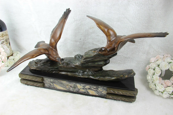 Large French 1930 art deco marble spelter bronze birds statue sculpture