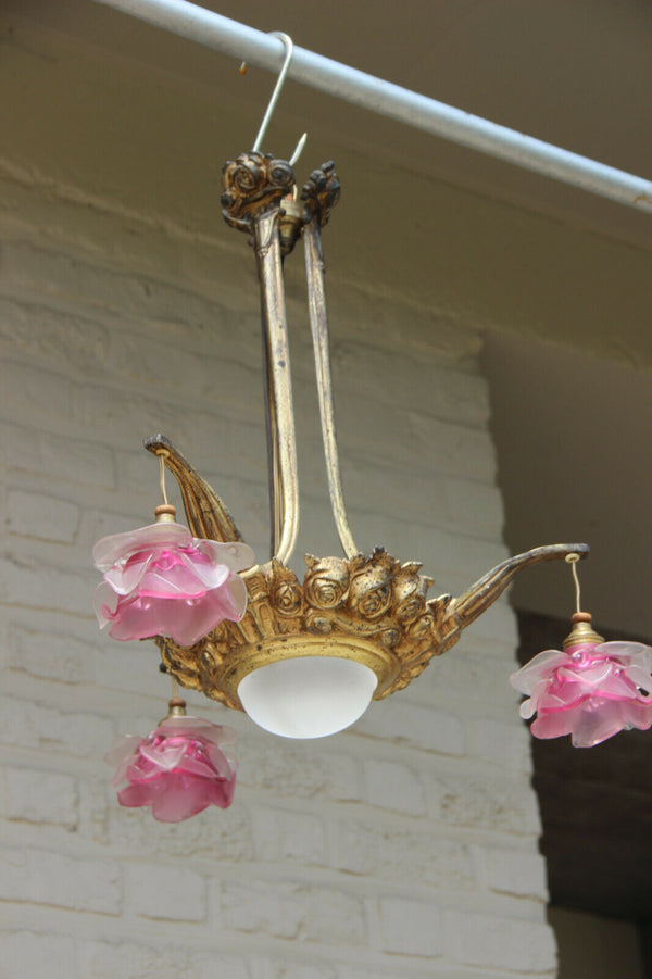 Antique art nouveau french pink tulip glass shade 3 arm chandelier pendant