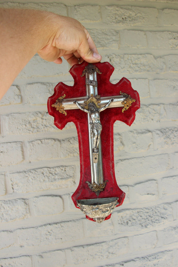 Antique French religious Crucifix cross christ red velvet