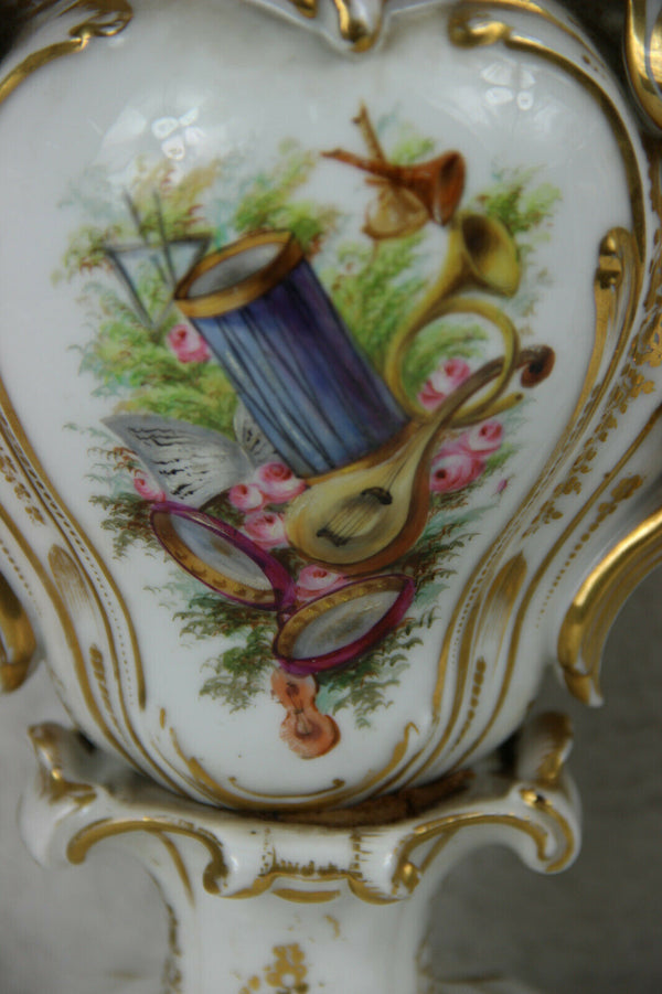 Antique XL 19thc French Vieux paris porcelain music Floral Vases