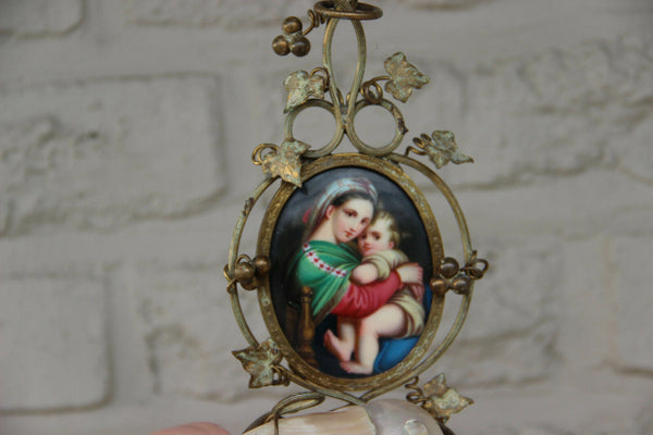Rare antique religious mother pearl nacre holy water font porcelain Madonna