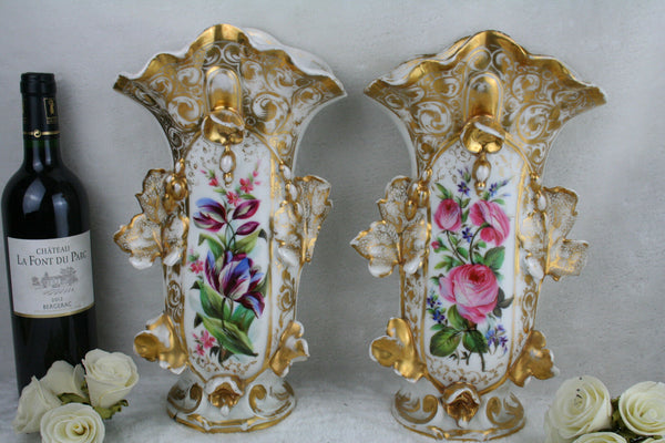 PAIR 19th c Vieux paris porcelain hand paint floral decor Vases Cornet