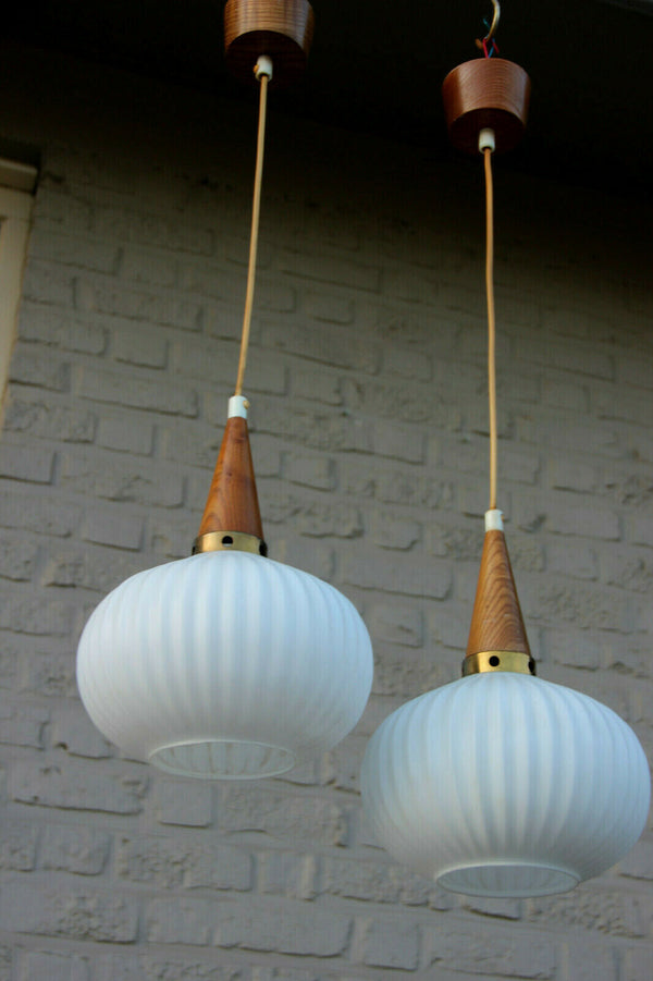 PAIR Retro 1970 Scandinavian teak milk glass shades pendant lamp chandelier