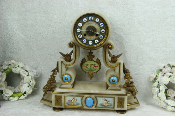 Antique French alabast marble clock bronze birds sevres putti porcelain plaques