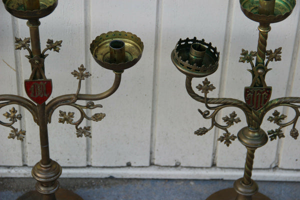 Antique French Religious set 3 Altar 3 arm Candelabras Candle holder Brass