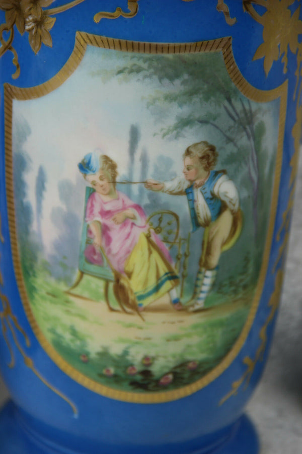 Antique French 19thc vase Vieux paris porcelain sevres blue colour romantic