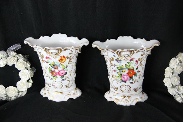 PAIR old french vieux paris porcelain antique Vases romantic floral scene