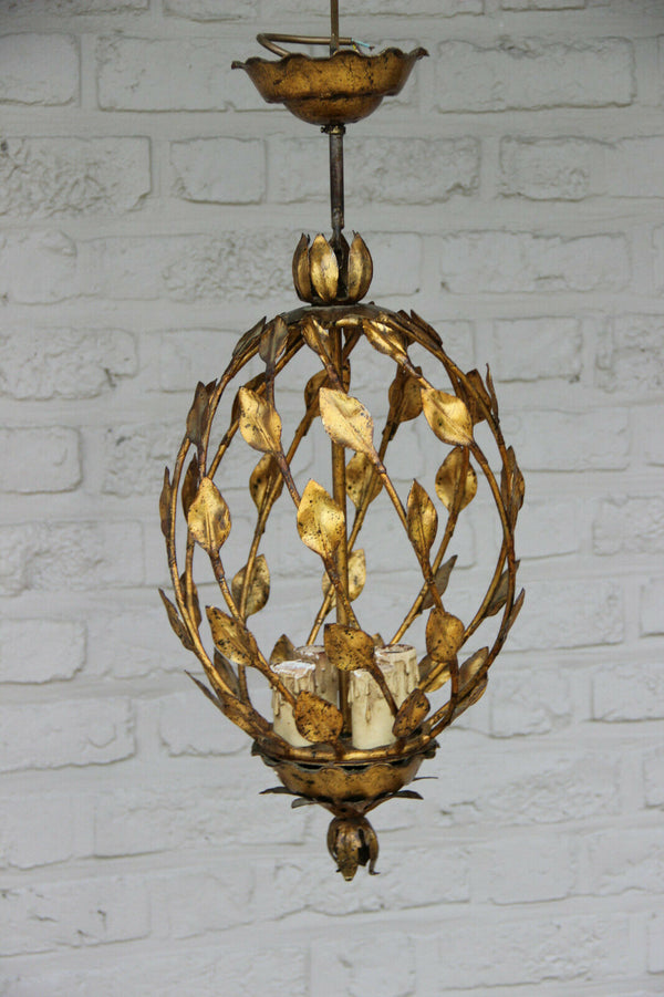 Mid century 1960 Metal gold gilt leaves chandelier pendant lantern maison jansen