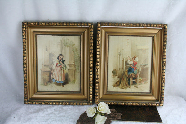 PAIR Gorgeous French Master unsigned Oil panel girls school  nun 1940