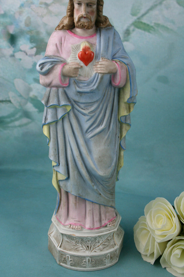 Antique Holy Sacred heart Jesus Biscuit porcelain French  polychrome colours