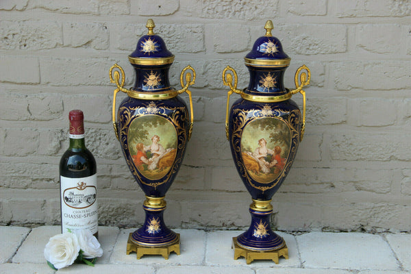 PAIR French Sevres Limoges cobalt blue romantic Scene Vases