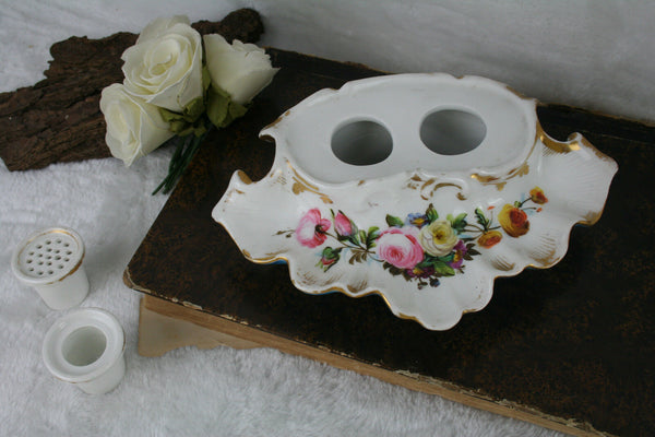 antique 19th c Vieux old paris porcelain floral inkwell