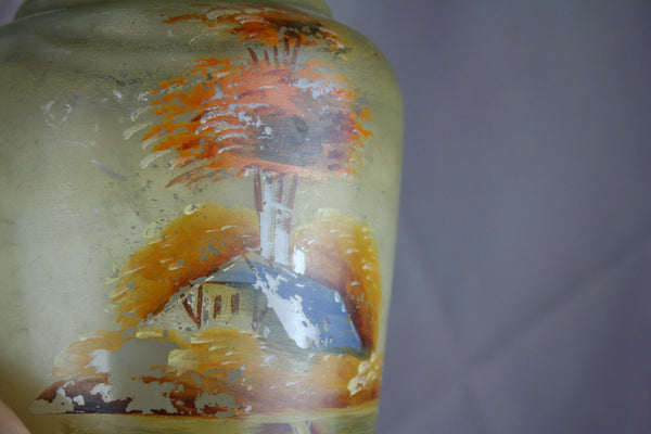 PAIR French Glass painted Vases circa 1950 landscape farm mill