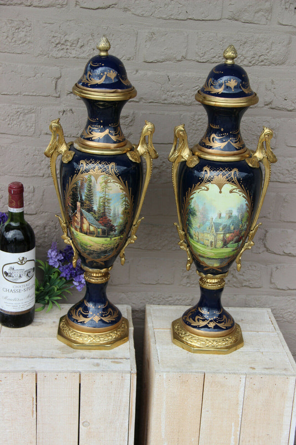 XL pair French limoges porcelain romantic landscape scene Vases