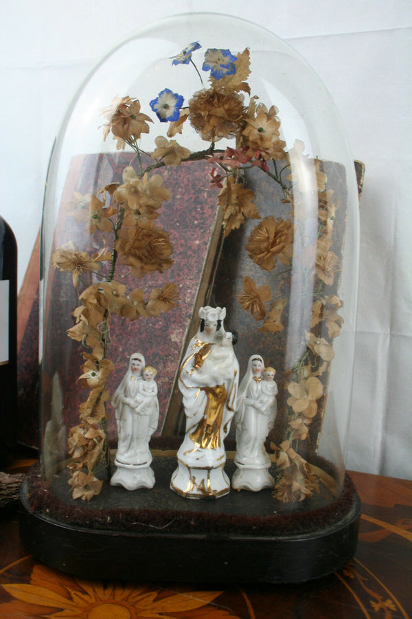 Gorgeous Vieux PARIS porcelain Madonna figurines Dome glass Set flowers silk