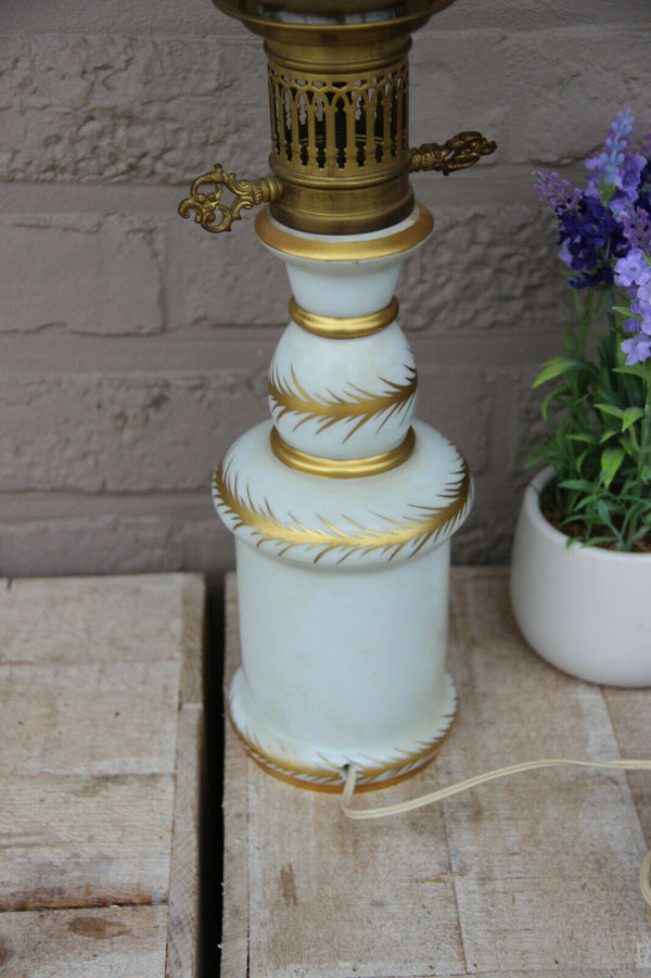 Antique French LIMOGES marked porcelain floral oil table lamp glass shade