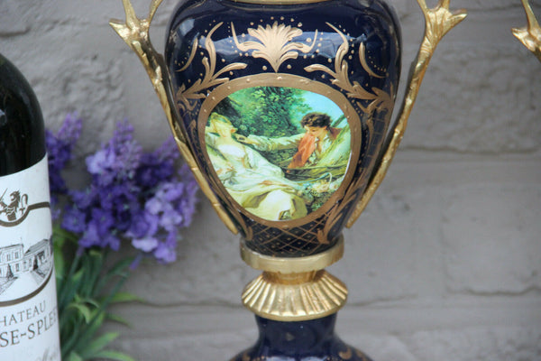 PAIR French Limoges cobalt blue porcelain Vases Landscape romantic scene