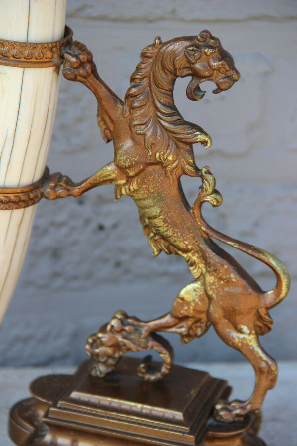PAIR antique French bronze castle Lion cornucopia horn Gothic statue