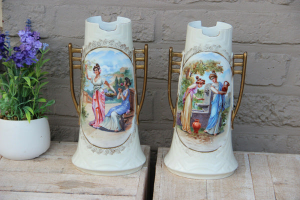 Antique PAIR Austrian marked porcelain vases lady romantic portraits 1910s
