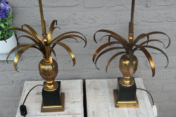 PAIR hollywood regency MAison Jansen Brass palm  leafs table lamps 1970