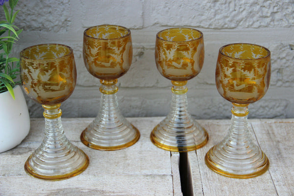 Antique Set 4  Bohemia yellow Crystal glass glasses deer hunting theme
