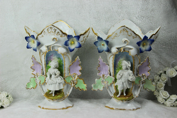 PAIR antique french XIX Century Vieux paris porcelain cornet vases figurines