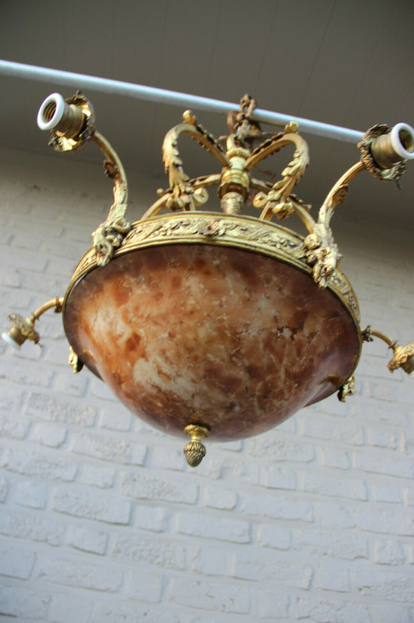 Antique French Amber alabaster marble Ram head Bronze chandelier 5 arms