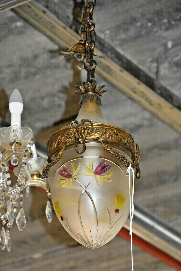 Antique French Lantern Pendant chandelier bronze ram heads enamel glass shade