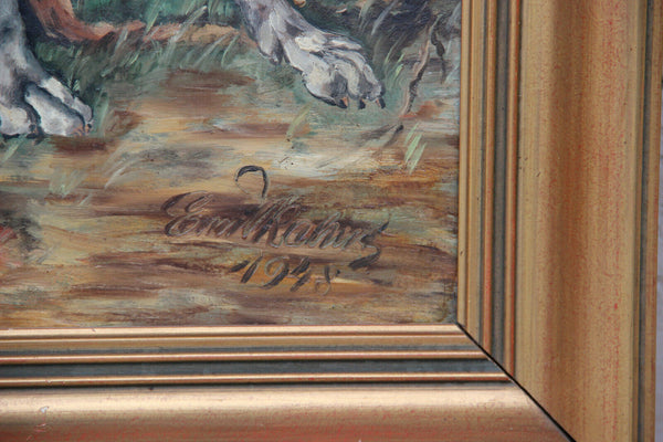 Large Flemish oil on panel hunting dog deer hunt painting signed 1948