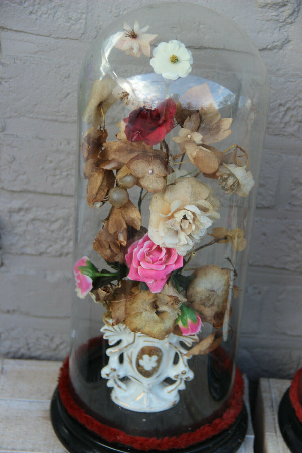 Antique PAIR French glass globes with silk Floral decor porcelain Vases