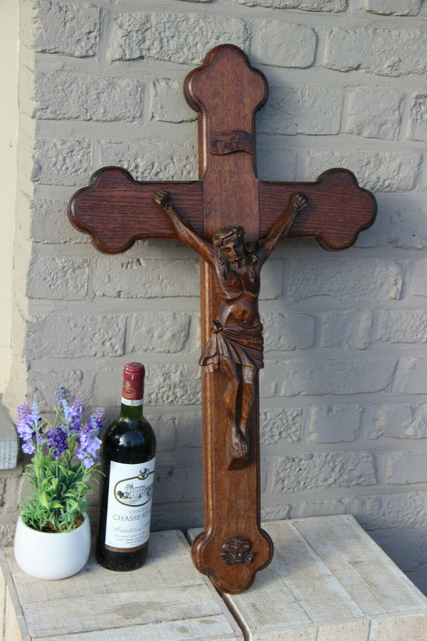 XL Antique French altar church religious wood carved crucifix christ cross