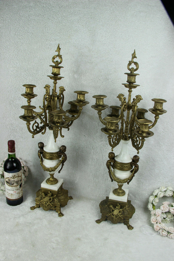 XL PAIR Bronze white marble putti angel Candelabras candlesticks candle holder