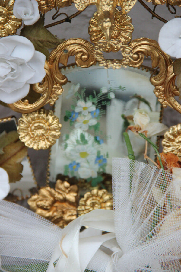 Antique Victorian Bridal wedding dome inside Flower bouquet bisque porcelain