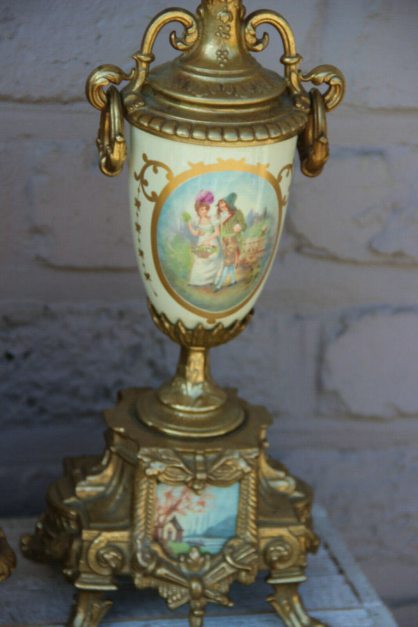 French Porcelain Clock set urns vases victorian romantic scenes