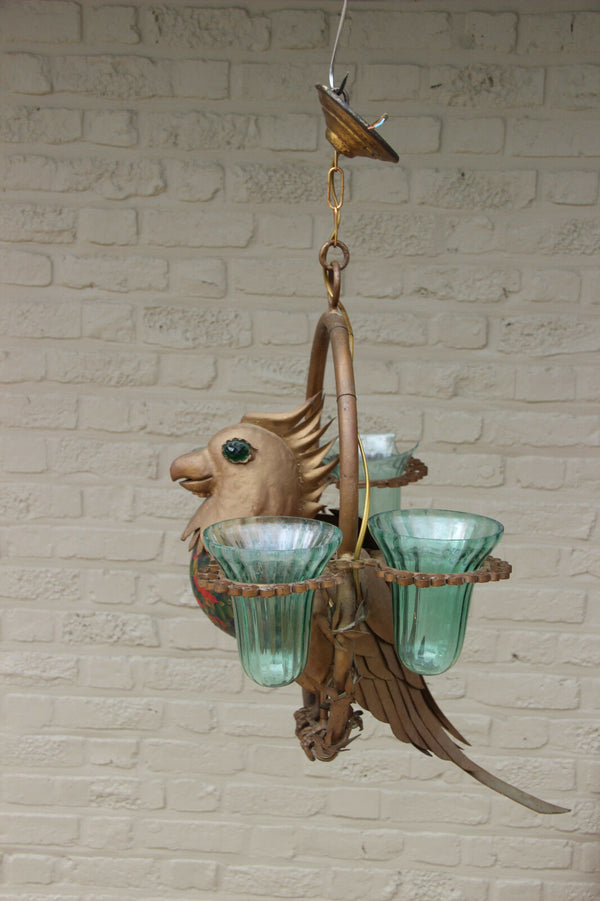Unusual Rare Copper Parrot Bird glass figurine chandelier lamp French 1950's