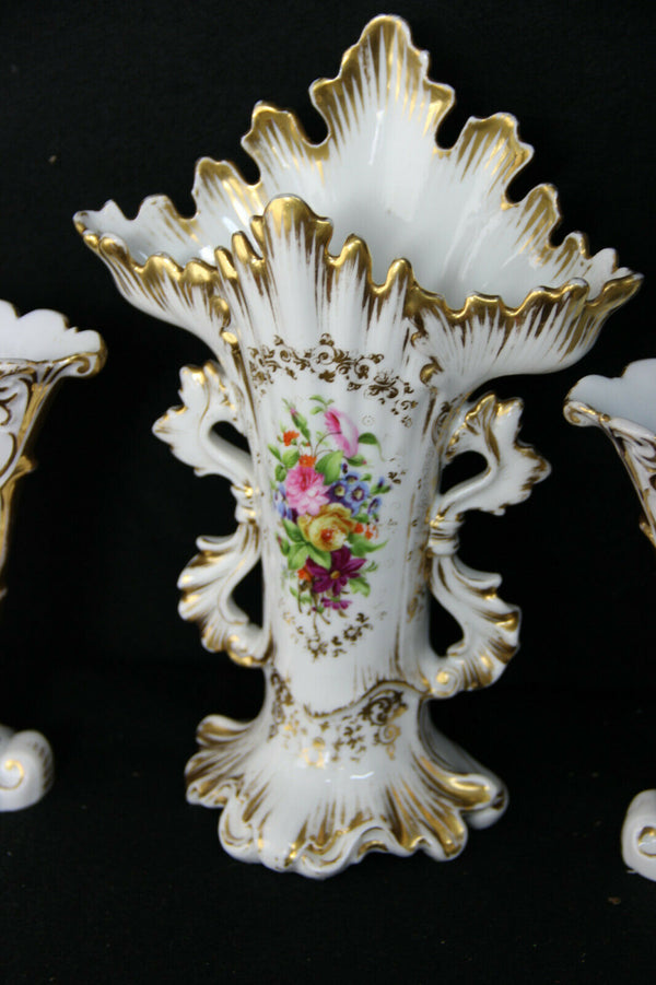 Antique French vieux paris porcelain vases set of 3 hand paint floral