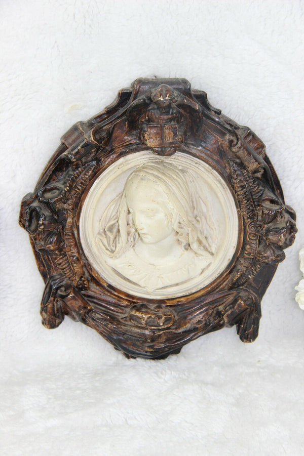 PAIR antique 1850 French religious wall plaques relief christ madonna putti