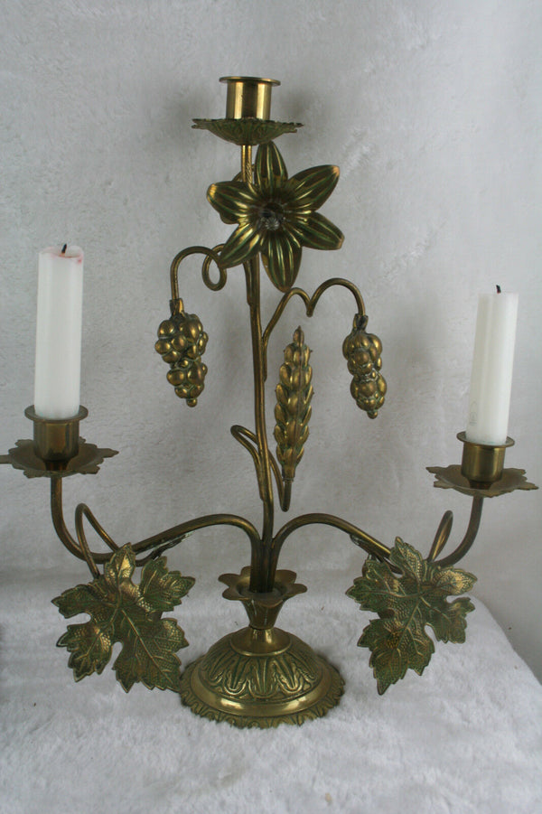 Religious brass candleholder fruits 1920 French antique