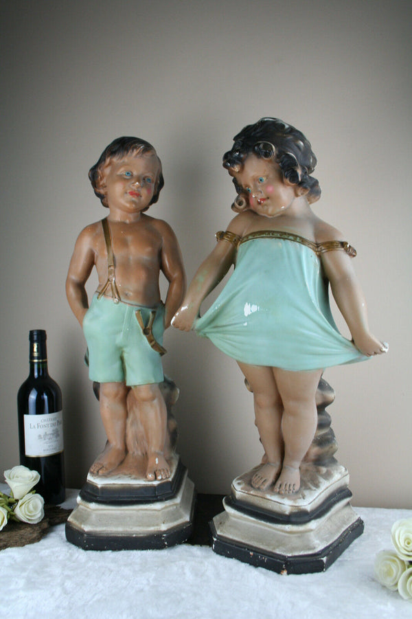 PAIR huge French art nouveau Chalkware polychrome boy & girl figurine statues