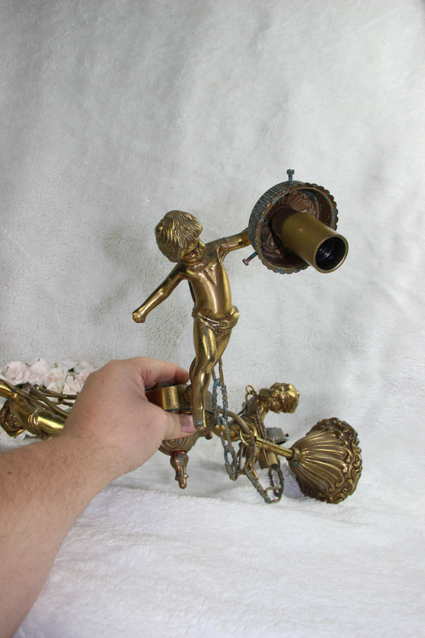 French Angel putti cherubs 3 arms chandelier pendant bronze 1960