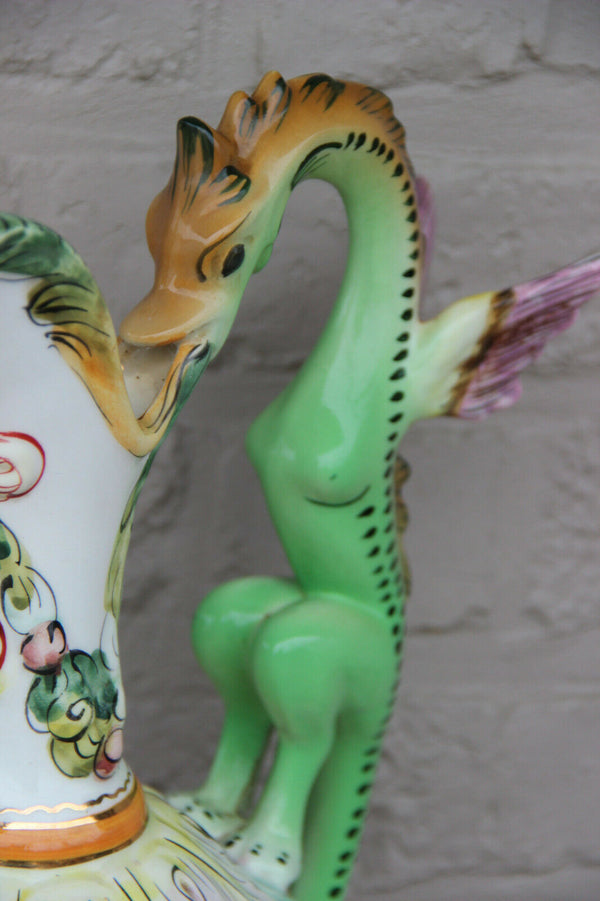 XL capodimonte italian marked porcelain Ewer pitcher dragon handle putti