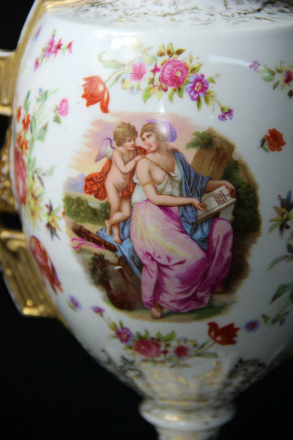 PAIR European marked porcelain Lidded Vases victorian scene floral