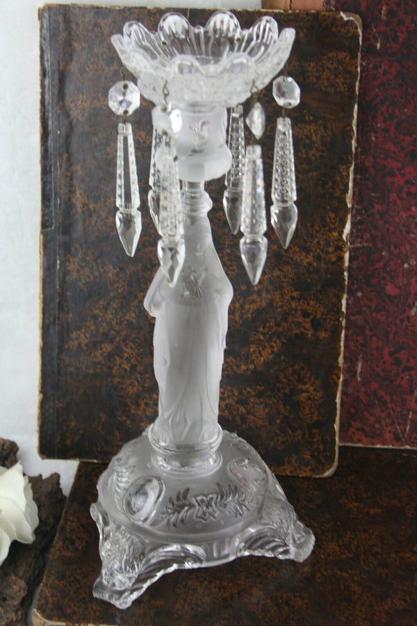 Antique French Religious Glass Madonna Crystal prisms candle holder
