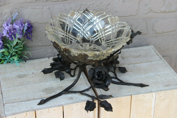 French wrought iron roses floral Centerpiece Fruit tray crystal glass cut bowl