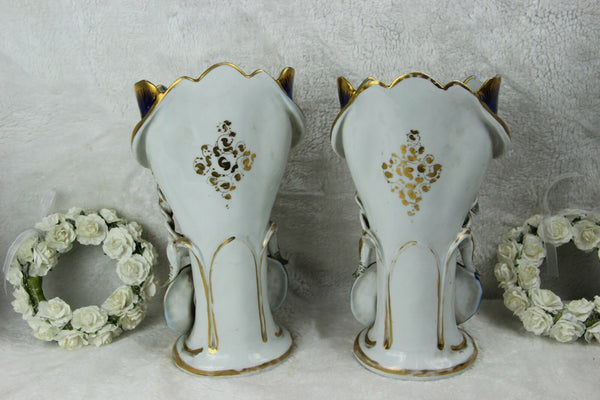 PAIR 19thc French vieux paris porcelain floral hand paint Vases