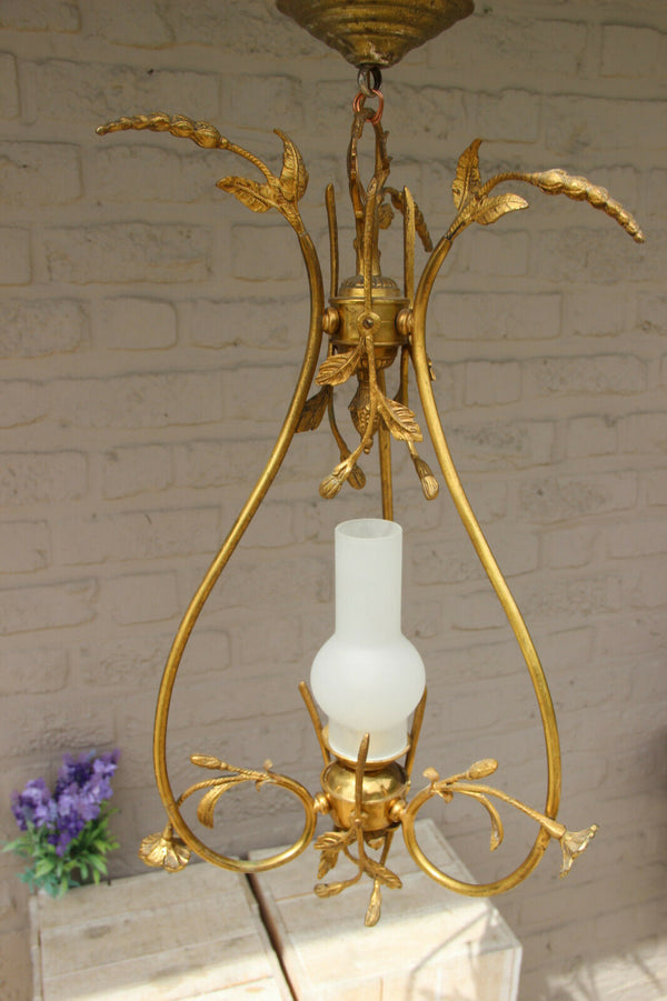 French Brass opaline glass Chandelier pendant lamp floral decor 1950