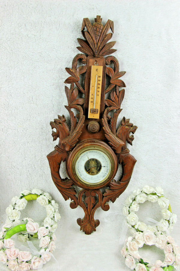 French wood carved black forest design dragons gothic barometer 1960